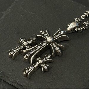 Chrome Hearts Silver Large Triple Cross Zircon Pendant & 25 Inch Tiny E Necklace